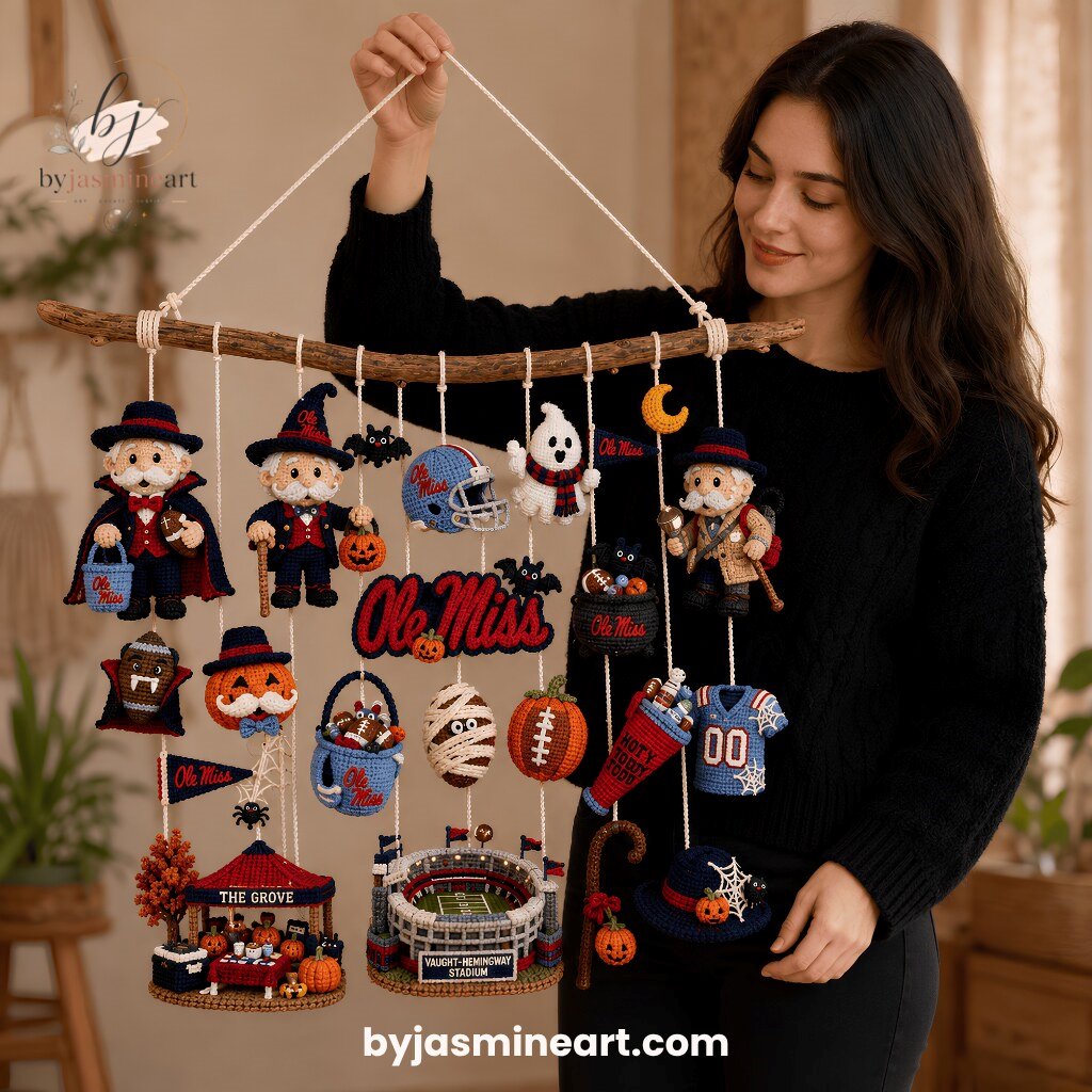 Ole Miss Rebels Halloween Mobile Handmade Crocheted Ornament Hanging Decoration