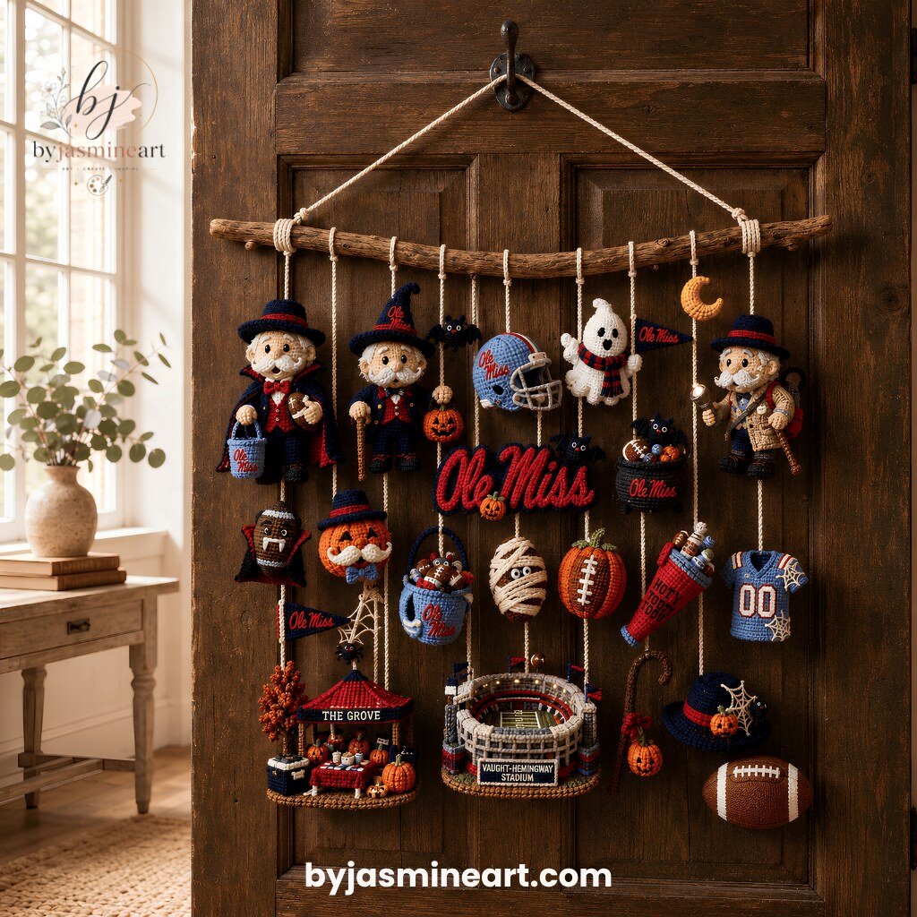 Ole Miss Rebels Halloween Mobile Handmade Crocheted Ornament Hanging Decoration