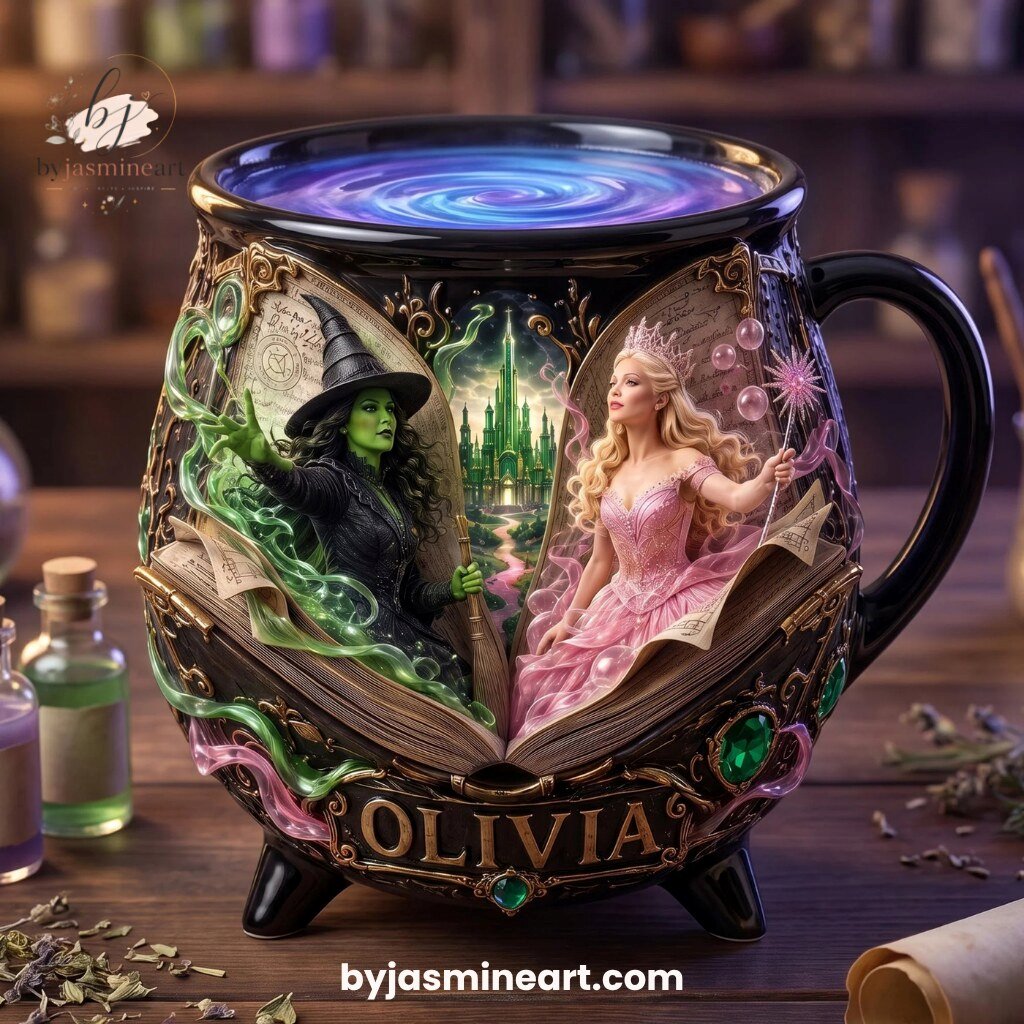 By Jasmine Art Olivia Good Witch and Wicked Witch Ceramic Cauldron Mug