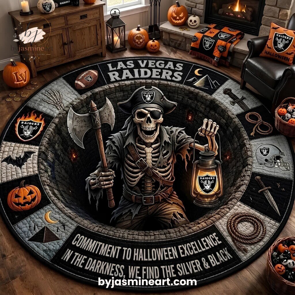 Las Vegas Raiders Halloween Floor Mat Commitment to Excellence Skeleton Skull Oval Rug