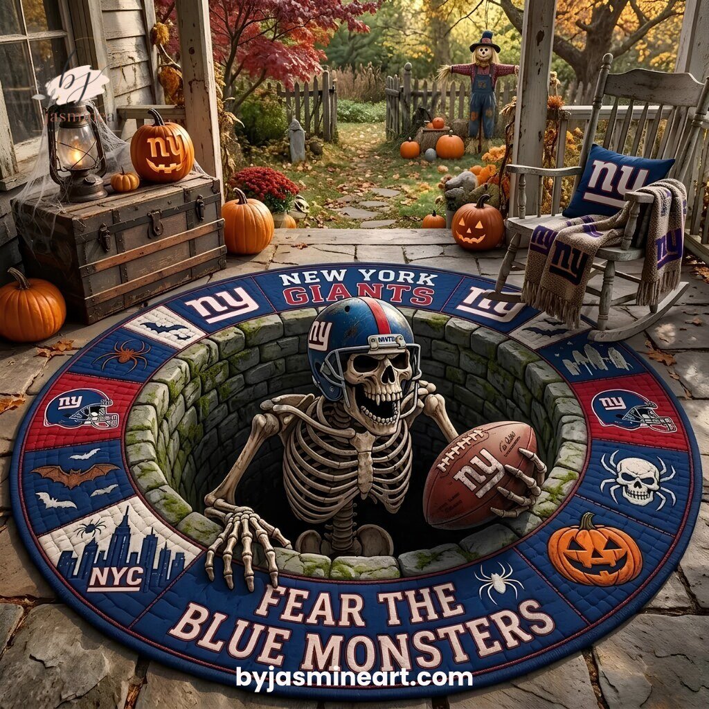 New York Giants Halloween Floor Mat Fear the Blue Monsters Skeleton Oval Rug