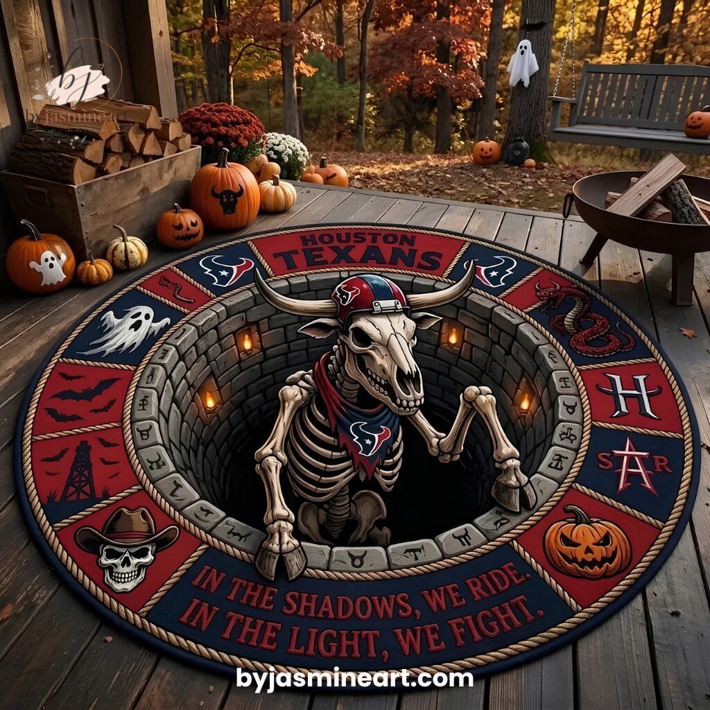 Houston Texans Halloween Floor Mat Bull Skull Skeleton Steer Horns Oval Rug