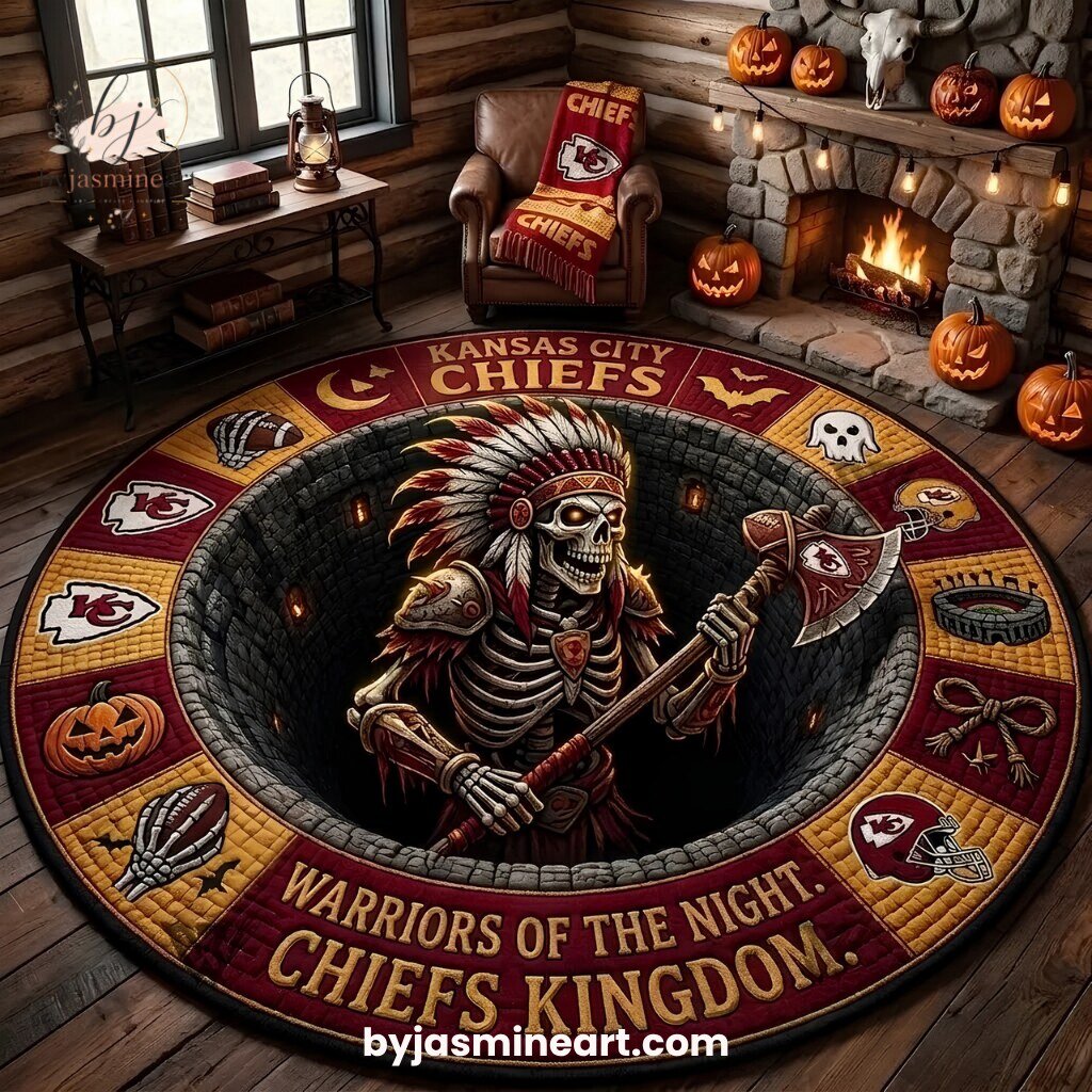Kansas City Chiefs Halloween Floor Mat Warriors of the Night Skeleton Headdress Oval Rug