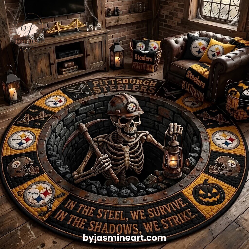 Pittsburgh Steelers Halloween Floor Mat In the Steel We Survive Skeleton Miner Oval Rug