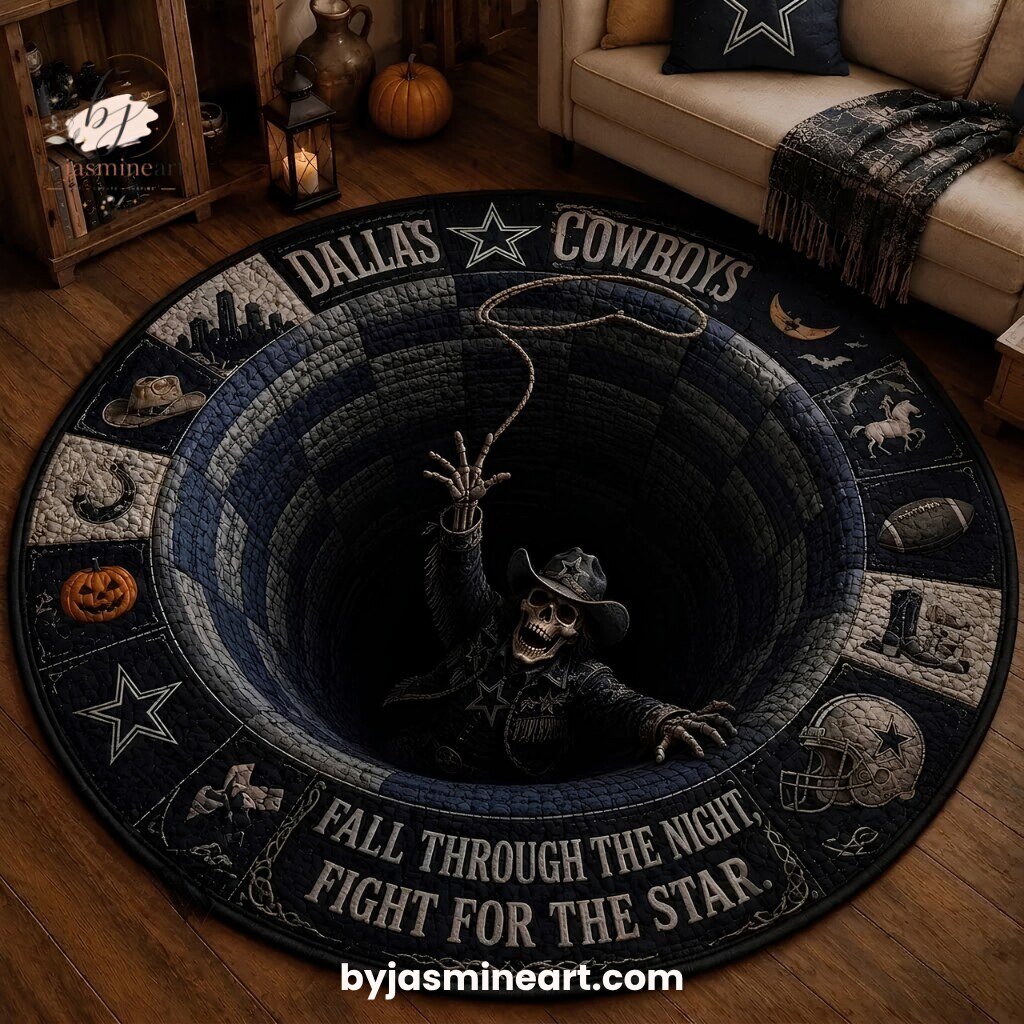 Dallas Cowboys Halloween Floor Mat Fall Through the Night Skeleton Cowboy Oval Rug