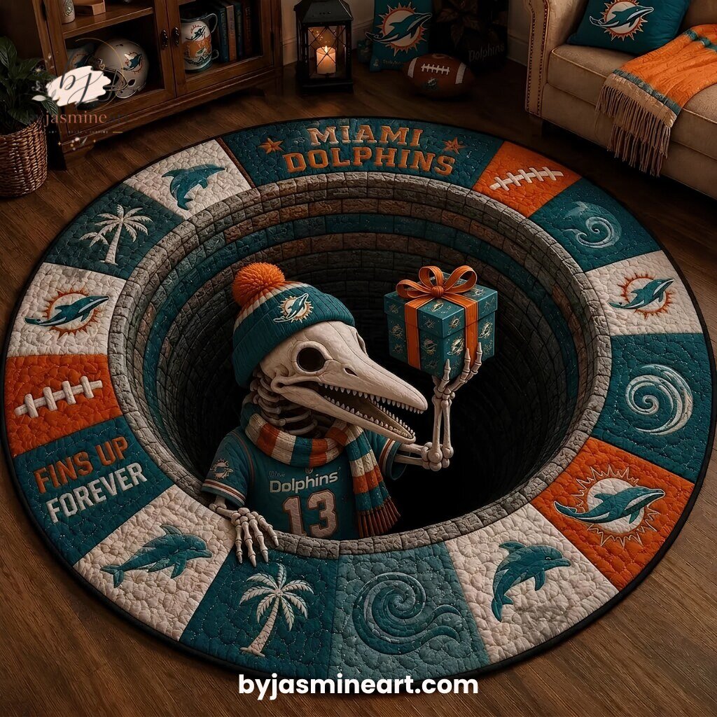 Miami Dolphins Skeleton Gift Holiday Round Rug