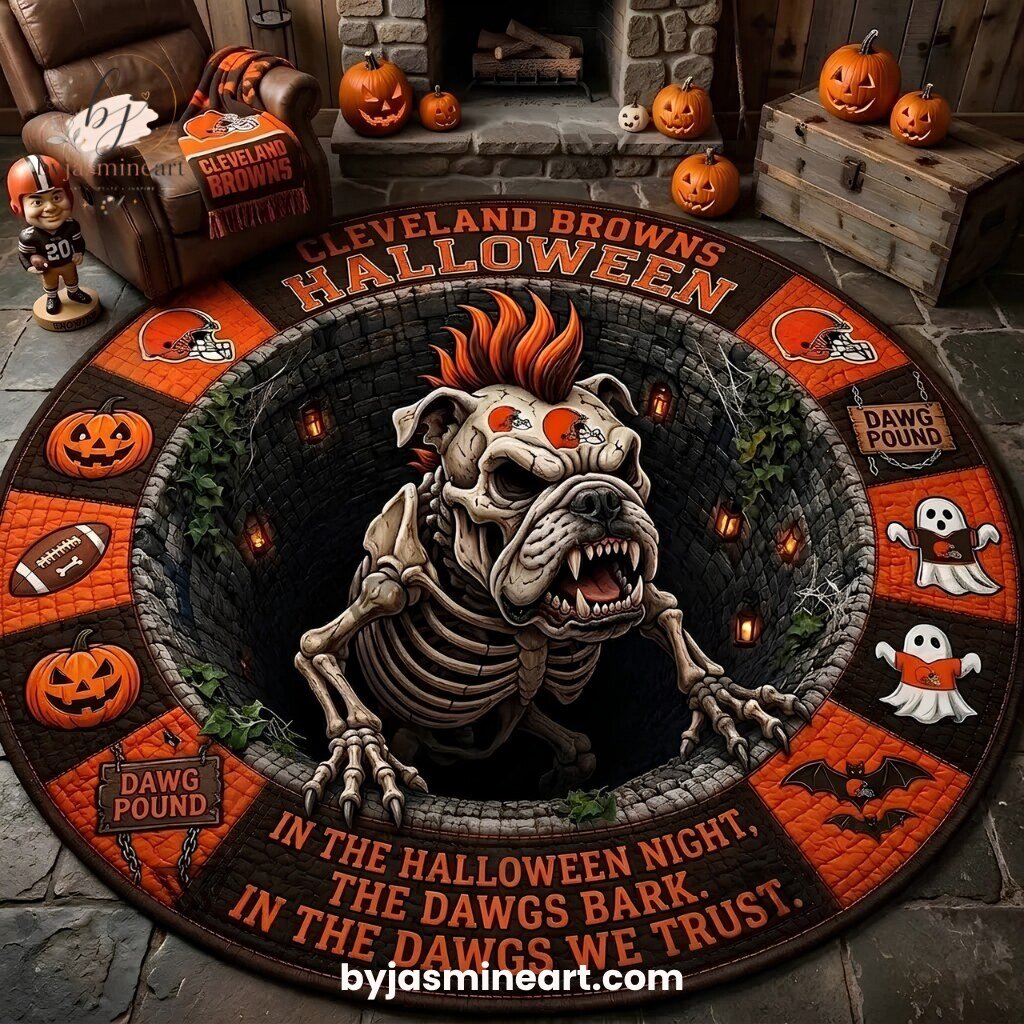 Cleveland Browns Halloween Skeleton Bulldog Round Rug