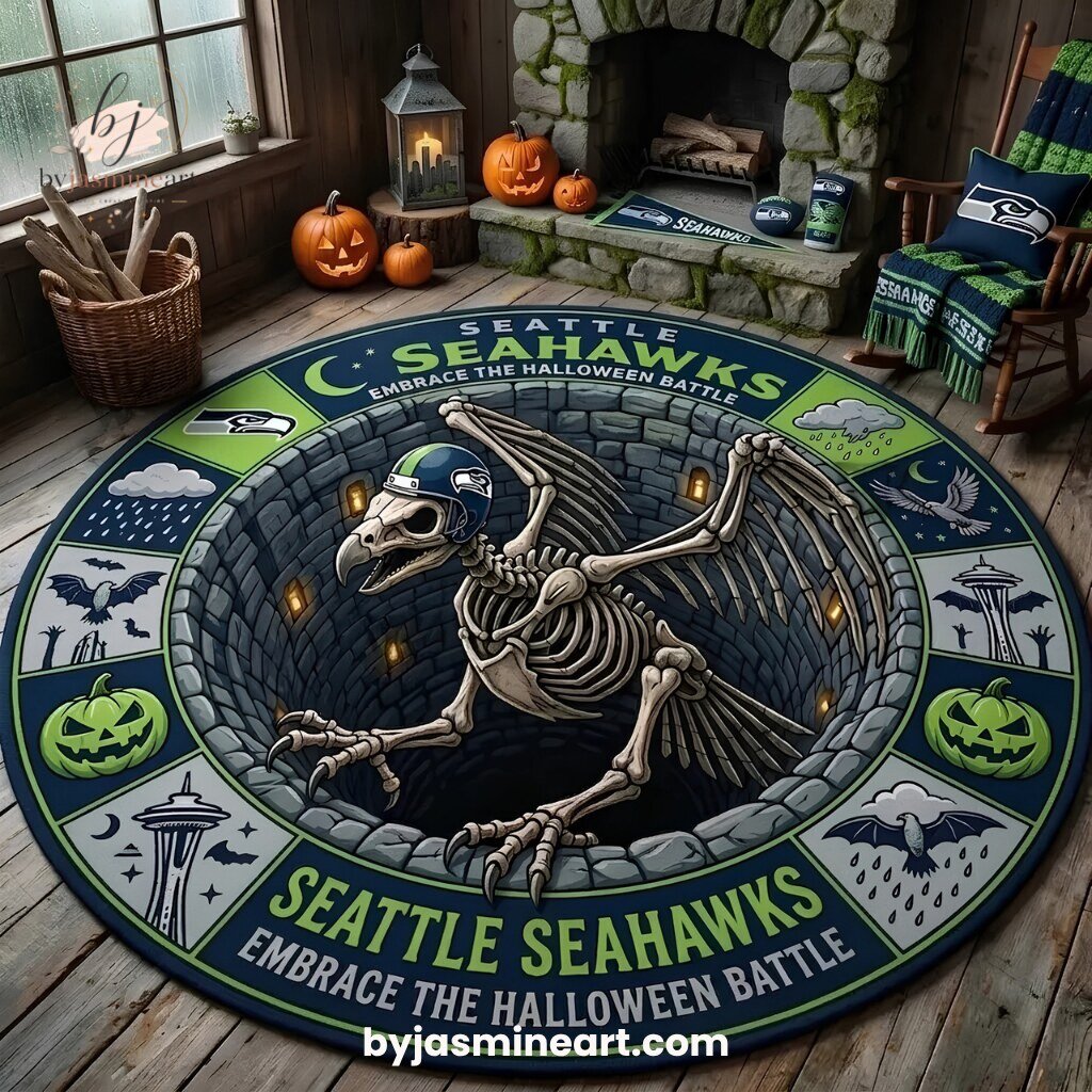 Seattle Seahawks Halloween Skeleton Hawk Round Rug