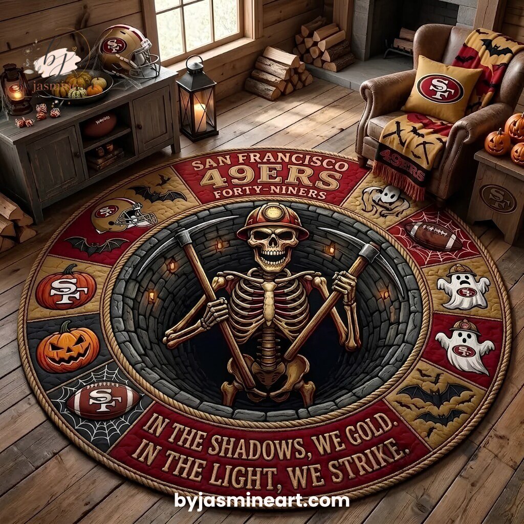 San Francisco 49ers Halloween Floor Rug In The Shadows We Gold In The Light We Strike