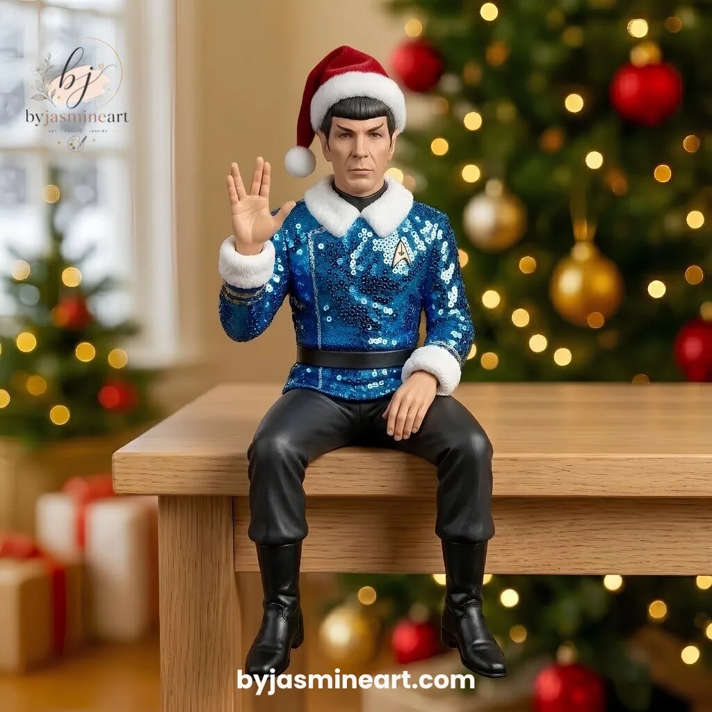 Spock Holiday Ornament with Vulcan Salute in Christmas Uniform