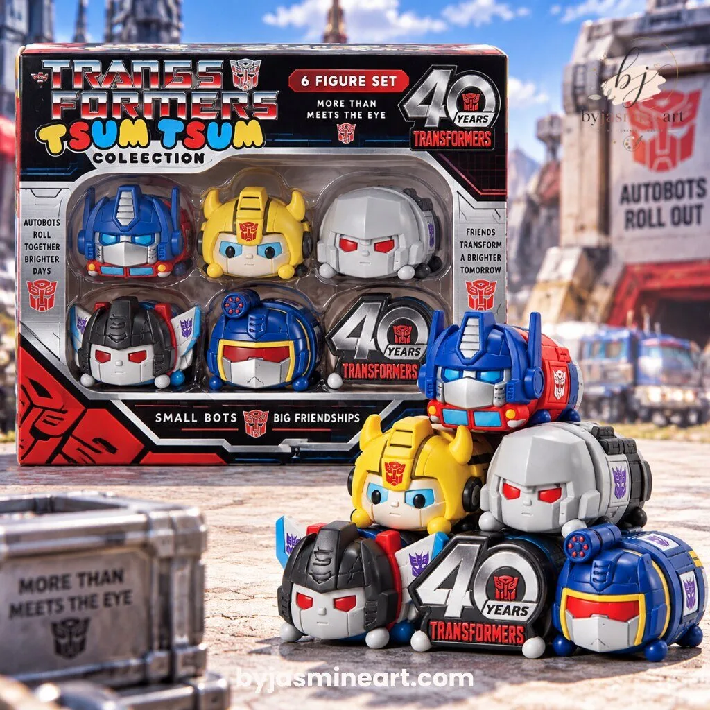 Transformers Tsum Tsum Collection 6 Figure Set 40 Years 7 Transformers Tsum Tsum 6 figure set with Optimus Prime Bumblebee Megatron and 40 years anniversary badge collectible toys