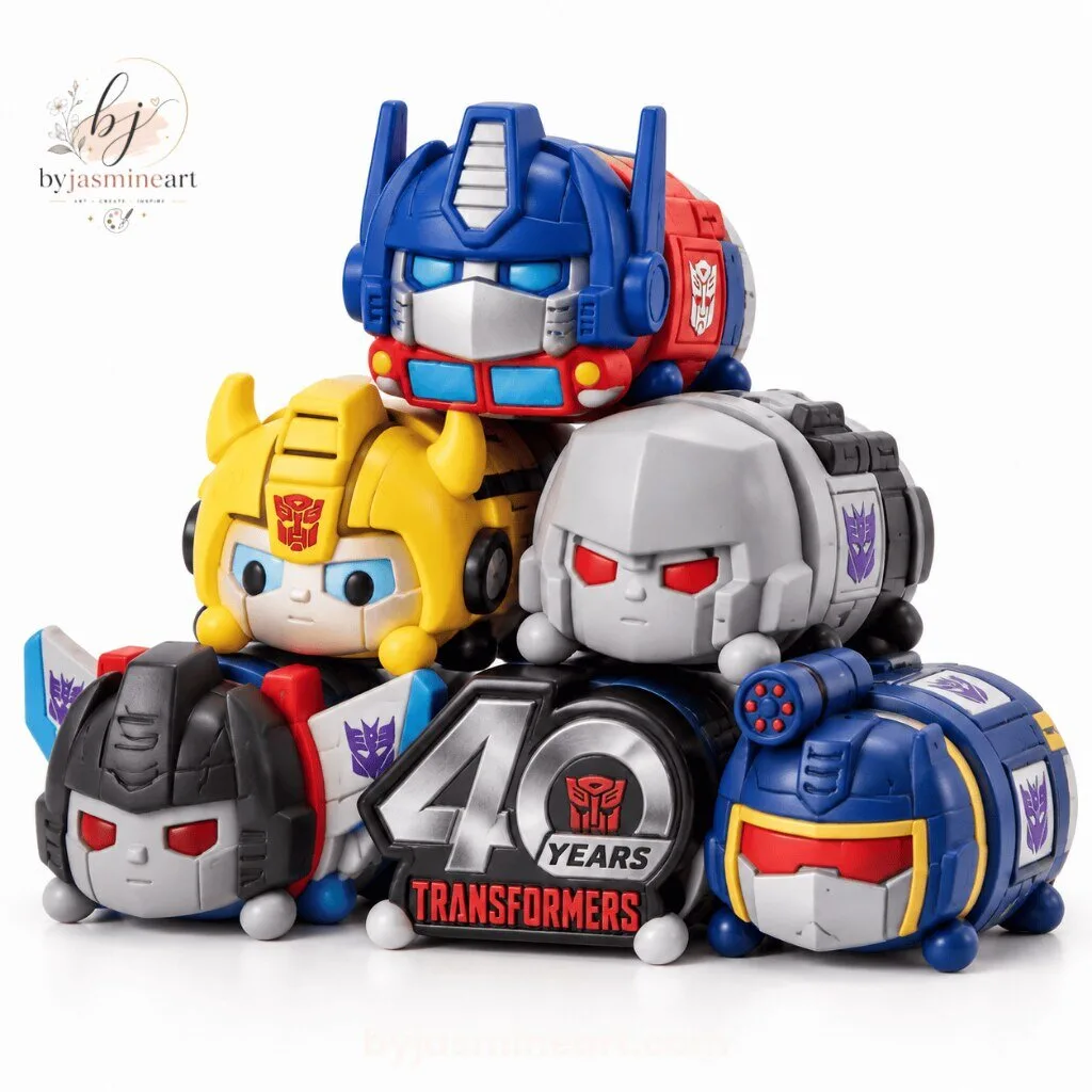 Transformers Tsum Tsum Collection 6 Figure Set 40 Years 8 Transformers Tsum Tsum 6 figure set with Optimus Prime Bumblebee Megatron and 40 years anniversary badge collectible toys