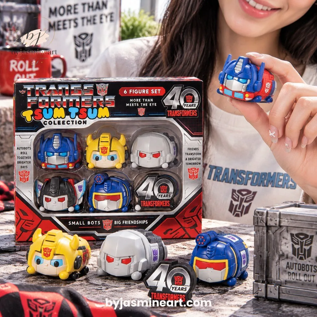 Transformers Tsum Tsum Collection 6 Figure Set 40 Years 9 Transformers Tsum Tsum 6 figure set with Optimus Prime Bumblebee Megatron and 40 years anniversary badge collectible toys