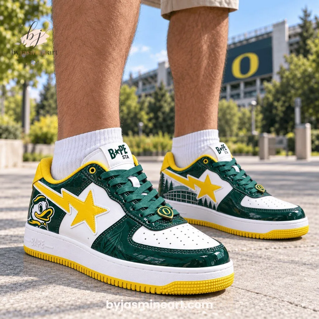 BAPE STA Oregon Ducks Collector Edition Miniature Sneaker Figure 8 BAPE STA Oregon Ducks collector edition miniature sneaker with green white yellow colorway and star design on packaging