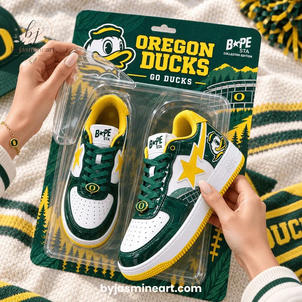 BAPE STA Oregon Ducks Collector Edition Miniature Sneaker Figure 9 BAPE STA Oregon Ducks collector edition miniature sneaker with green white yellow colorway and star design on packaging