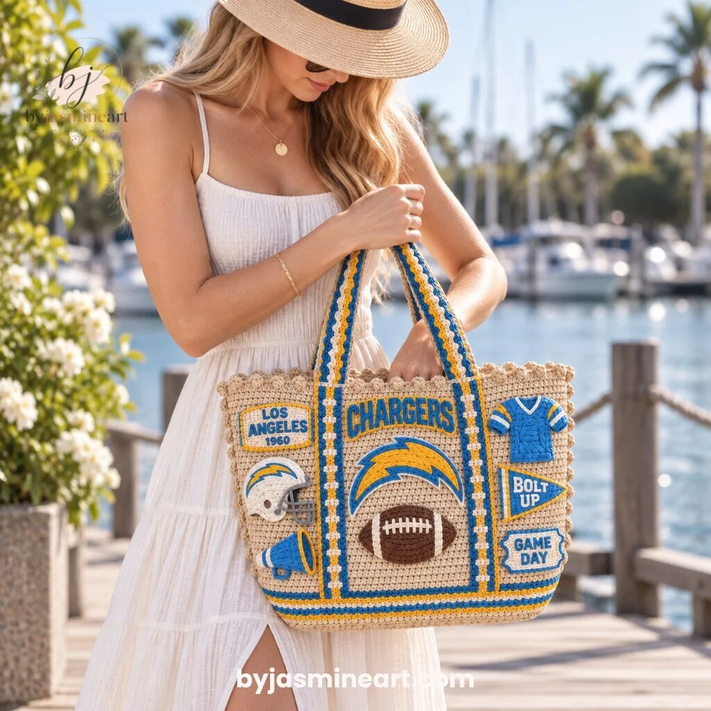 Los Angeles Chargers NFL Beaded Tote Bag with Embroidered Patches
