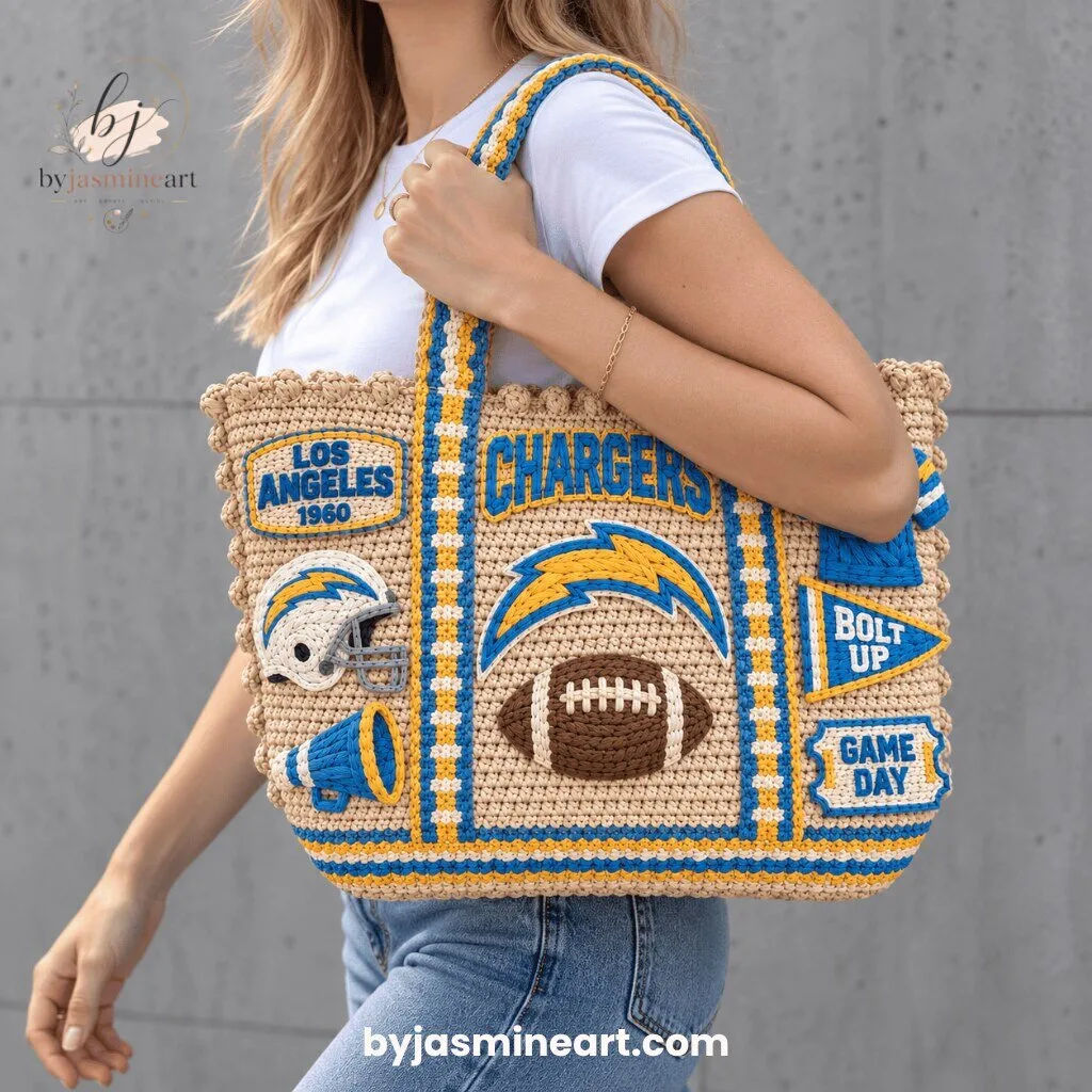 Los Angeles Chargers NFL Beaded Tote Bag with Embroidered Patches 9 Los Angeles Chargers beaded tote bag with embroidered lightning bolt logo and Bolt Up pennant patch on natural tan base