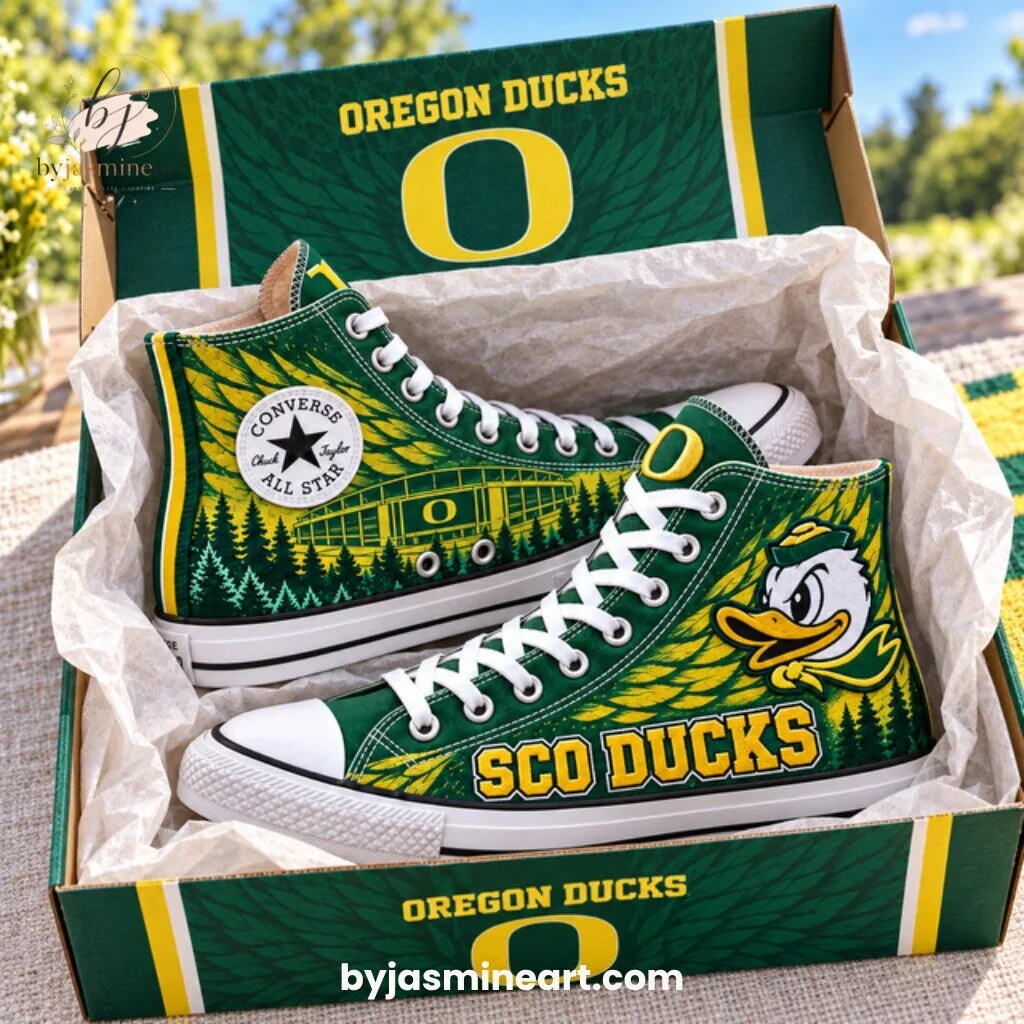 Converse Chuck Taylor All Star Oregon Ducks High-Top Sneaker 9 Oregon Ducks Converse Chuck Taylor high-top sneaker with forest green canvas and yellow Donald Duck mascot design