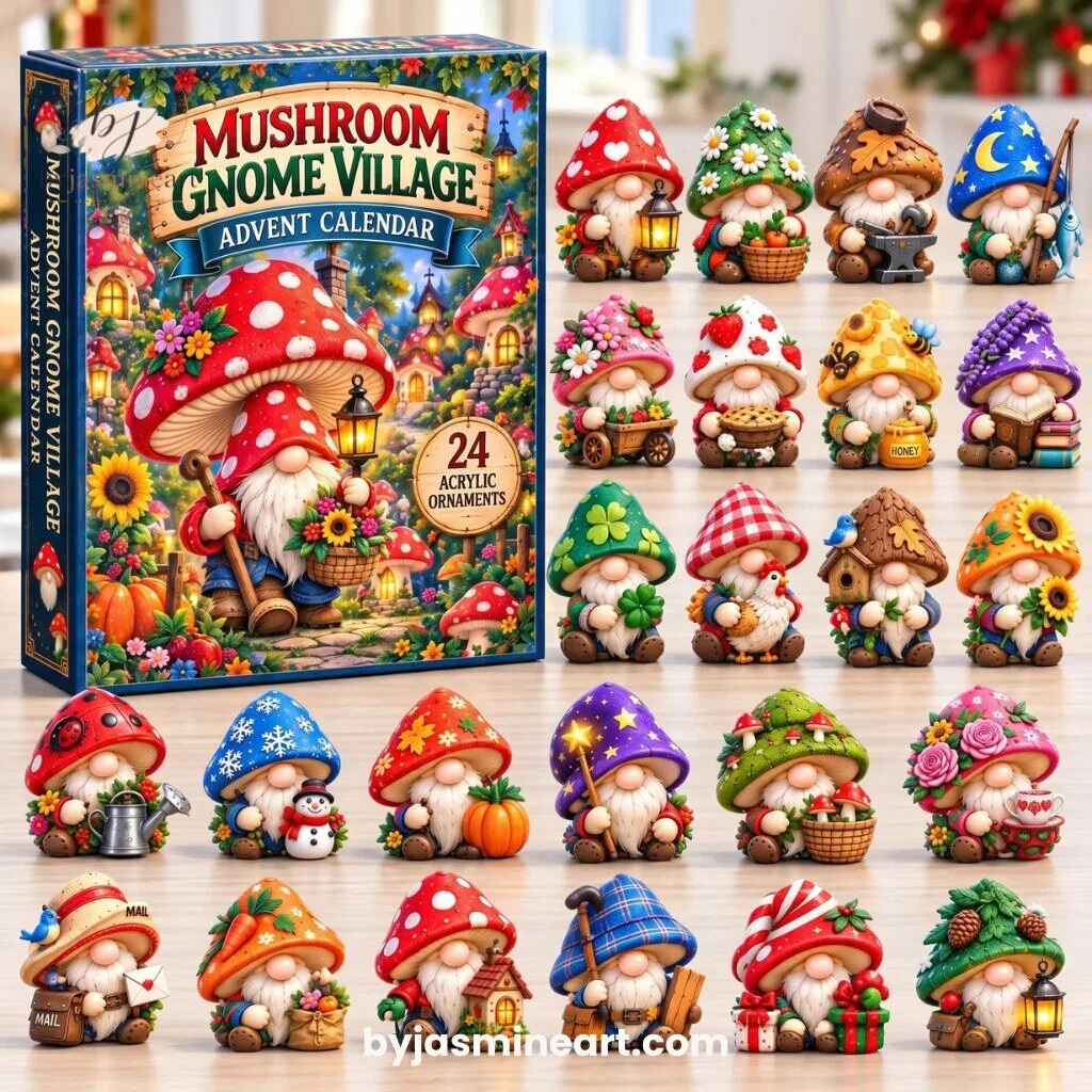 Mushroom Gnome Village Advent Calendar 24 Acrylic Ornament Gnomes