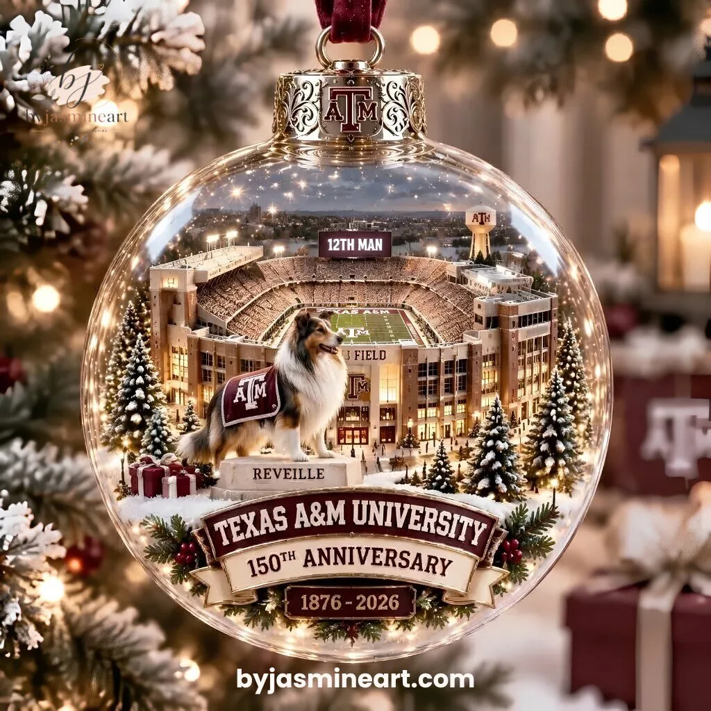 Texas A&M University 150th Anniversary Snow Globe Ornament 1876-2026 Reveille Aggies