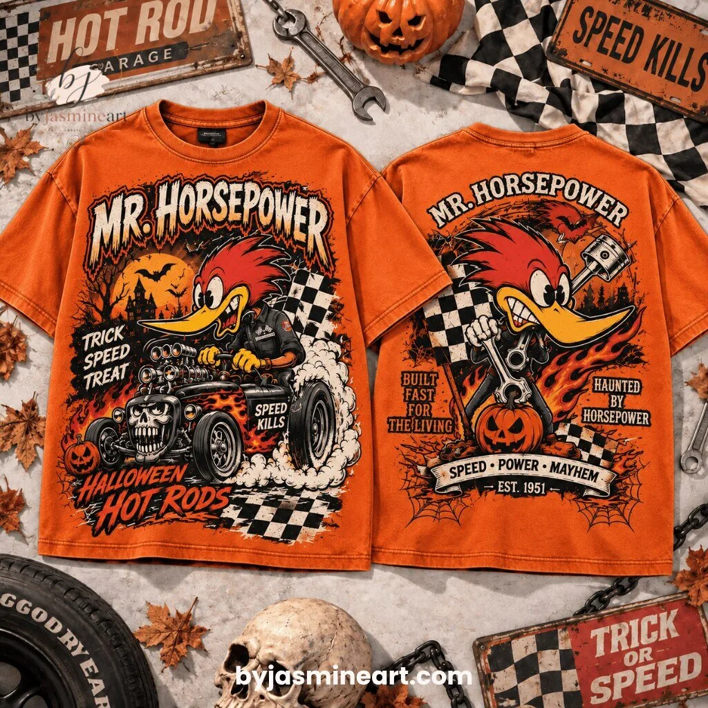 Mr. Horsepower Halloween Hot Rods Vintage Washed T-Shirt Built Fast For The Living