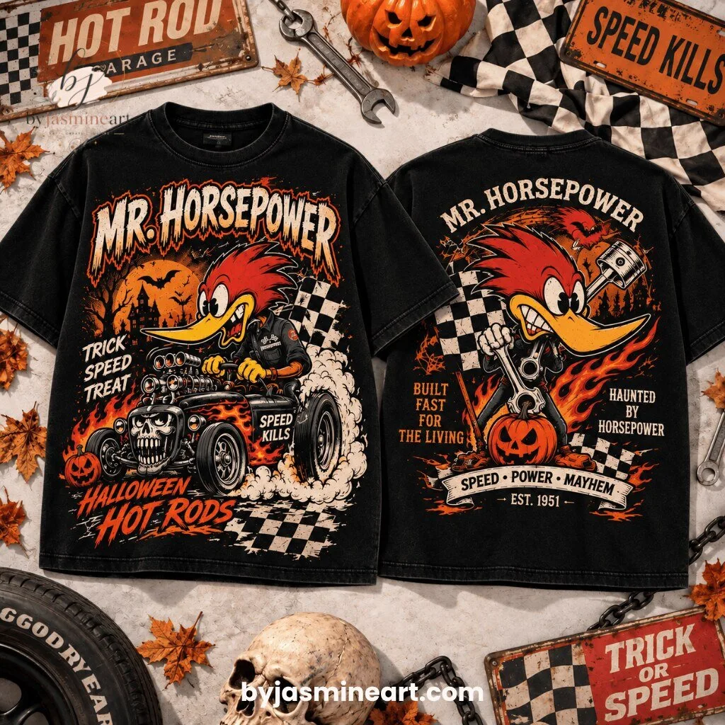 Mr. Horsepower Halloween Hot Rods Vintage Washed T-Shirt Built Fast For The Living