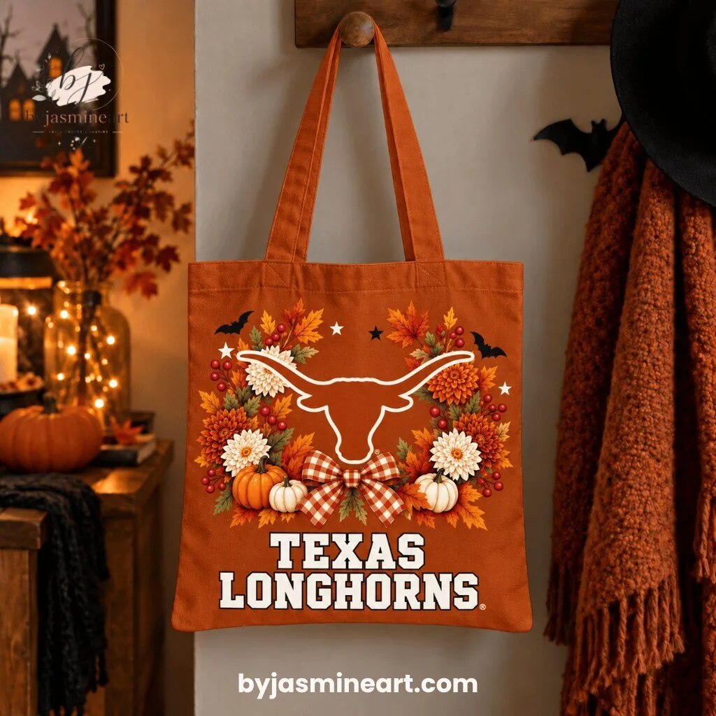 Texas Longhorns Autumn Floral Canvas Tote Bag Longhorn Logo