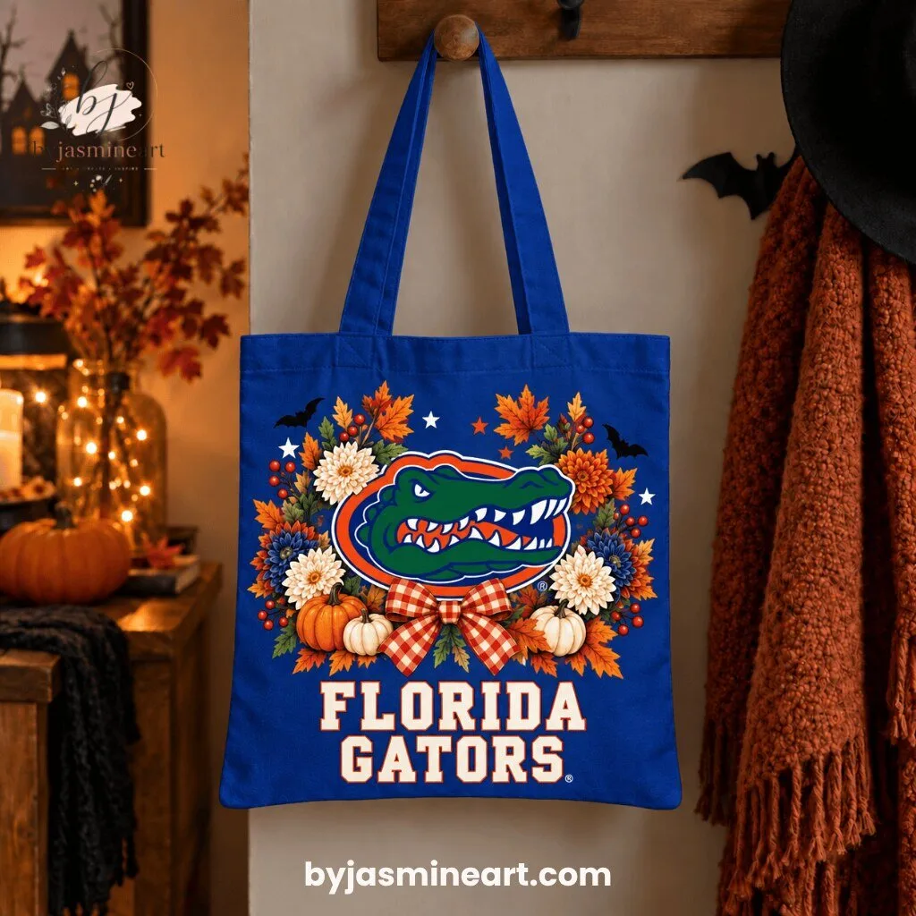 Florida Gators Autumn Floral Canvas Tote Bag Gator Mascot Logo