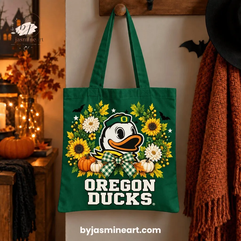 Oregon Ducks Autumn Floral Canvas Tote Bag Duck Mascot Logo