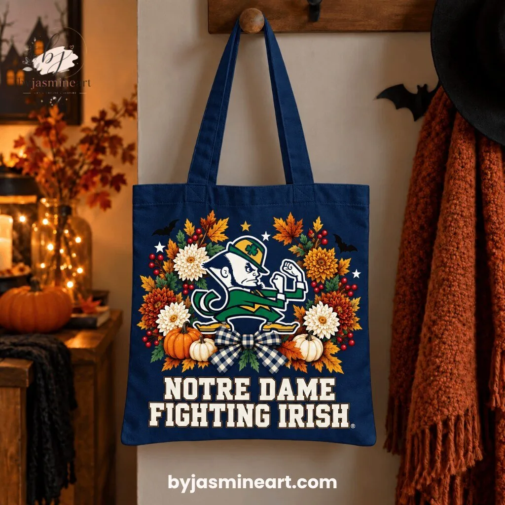 Notre Dame Fighting Irish Autumn Floral Canvas Tote Bag Leprechaun Mascot