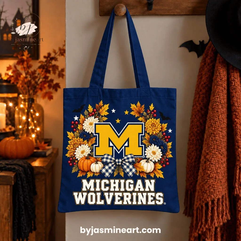Michigan Wolverines Fall Floral Canvas Tote Bag