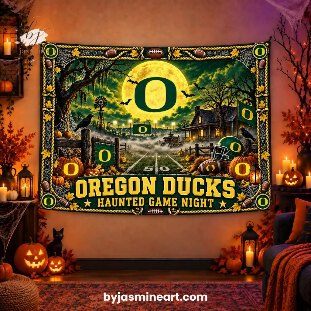 Oregon Ducks Haunted Game Night Wall Tapestry
