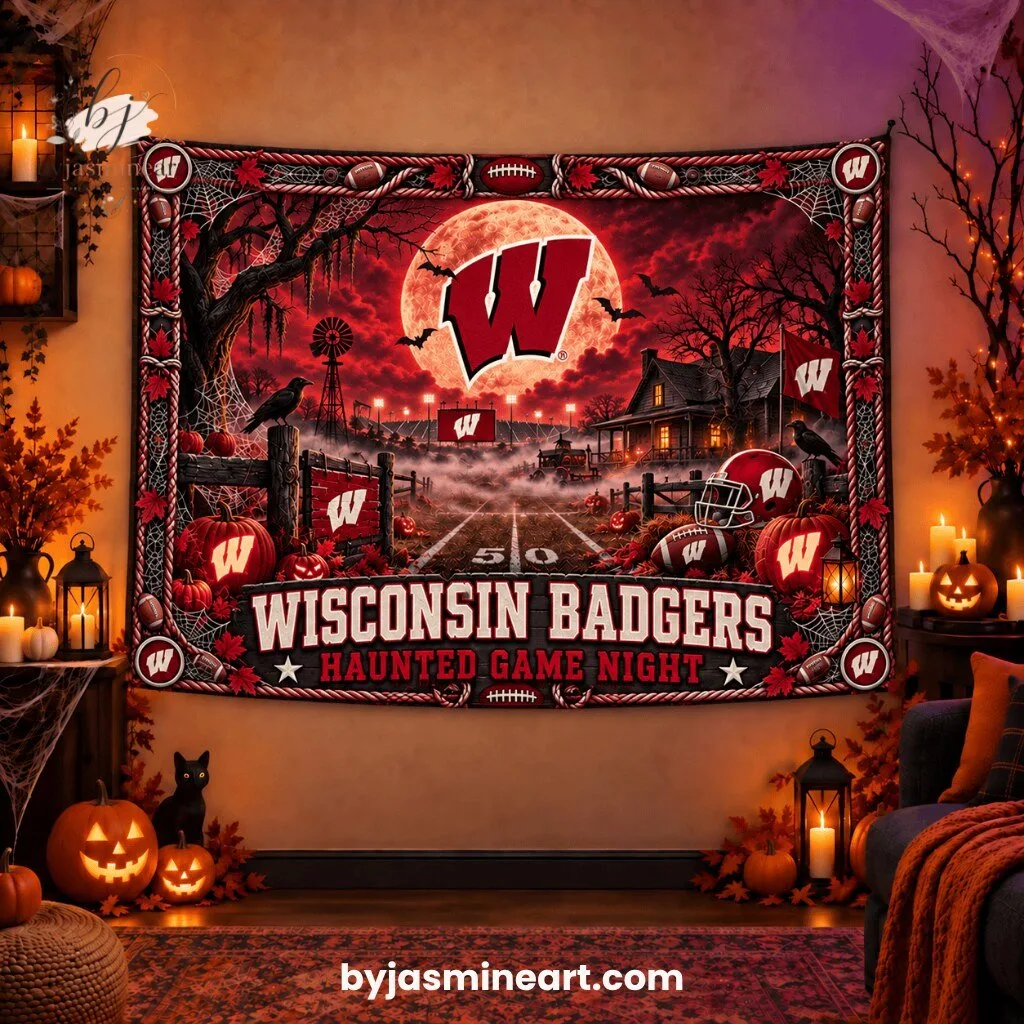 Wisconsin Badgers Haunted Game Night Tapestry