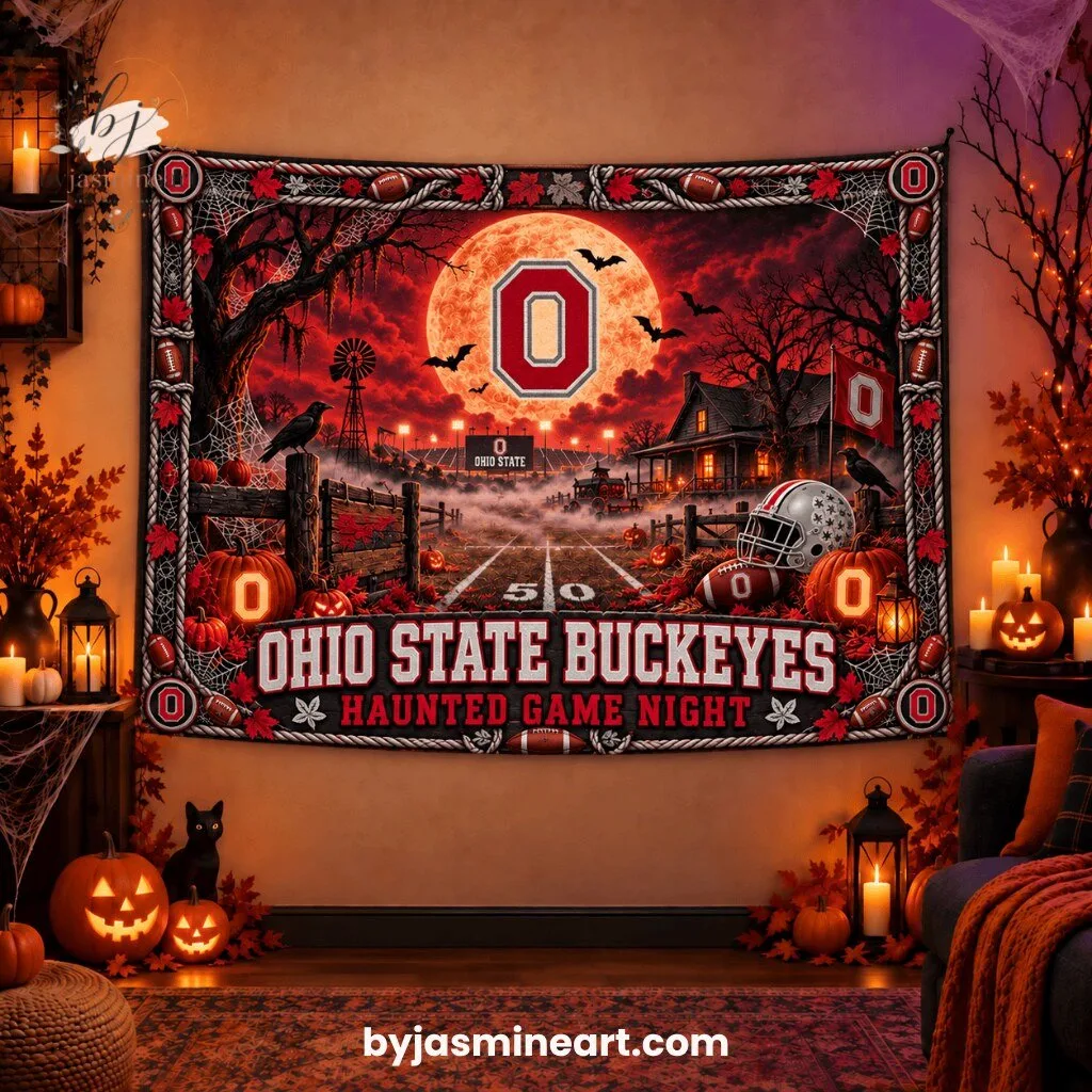 Ohio State Buckeyes Haunted Game Night Tapestry
