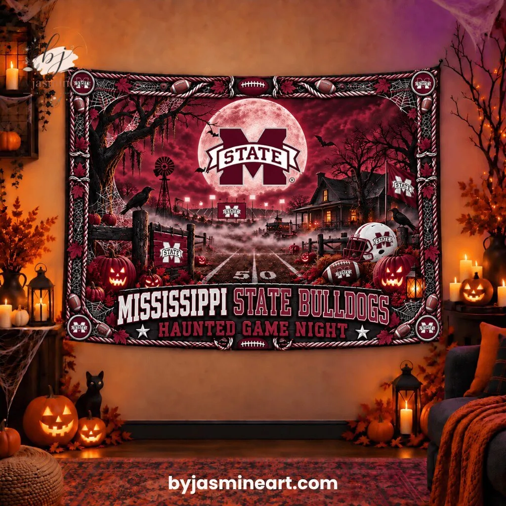 Mississippi State Bulldogs Haunted Game Night Tapestry Print