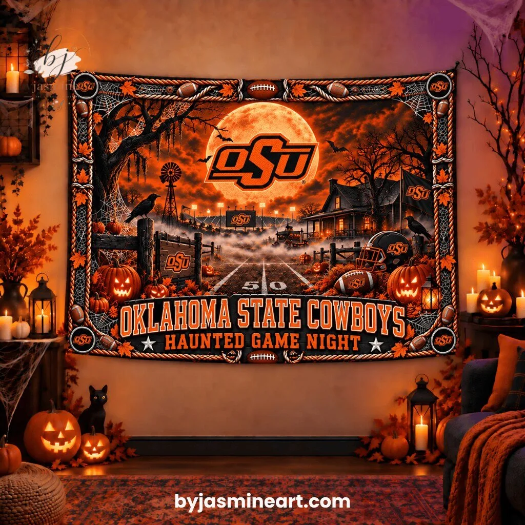 Oklahoma State Cowboys Haunted Game Night Tapestry Print