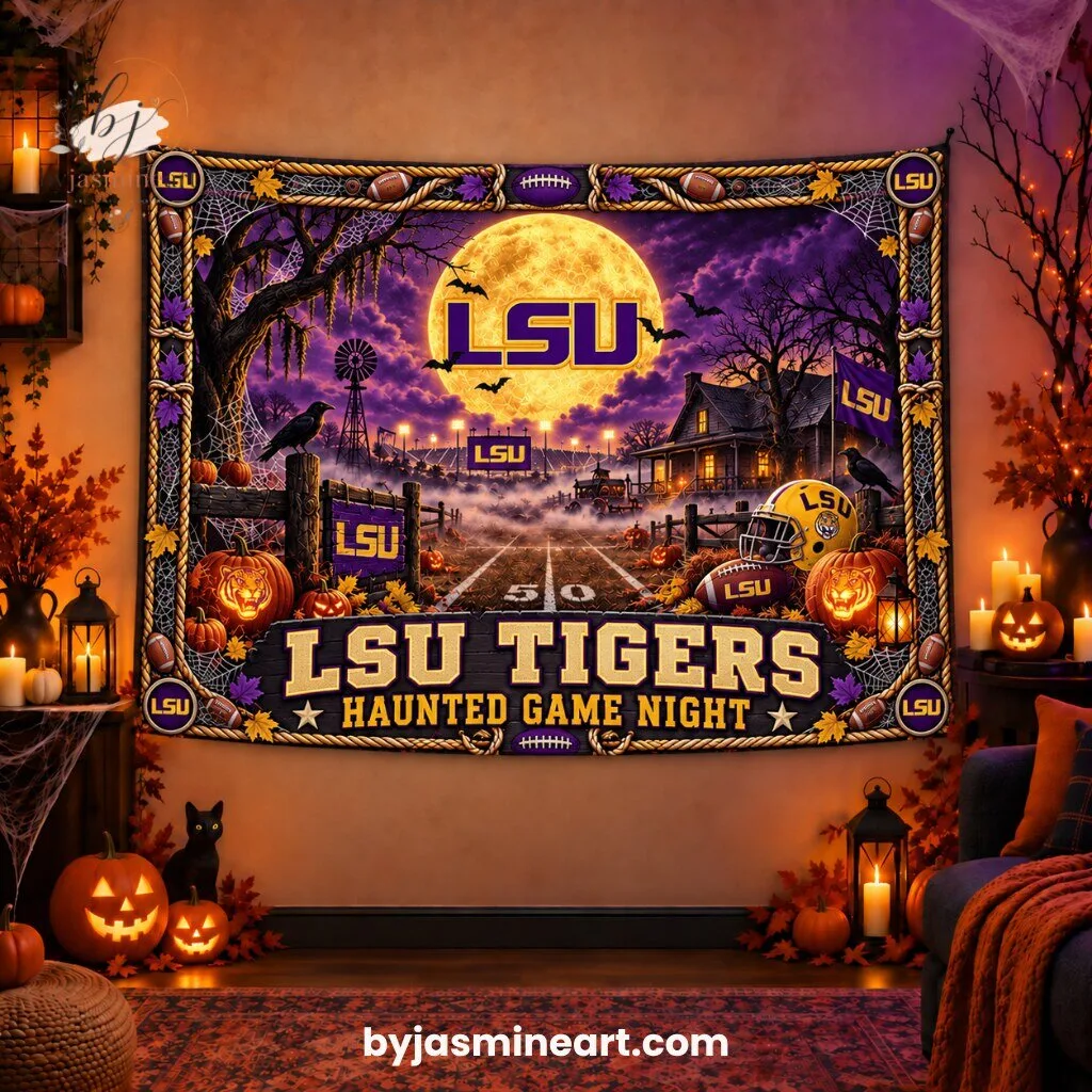 By Jasmine Art LSU Tigers Haunted Game Night Football Print