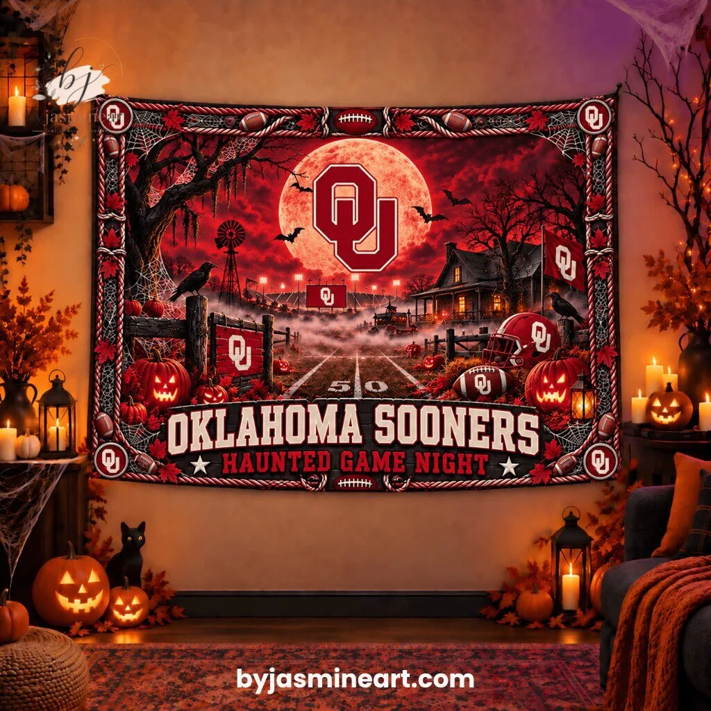 By Jasmine Art Oklahoma Sooners Haunted Game Night Football Print