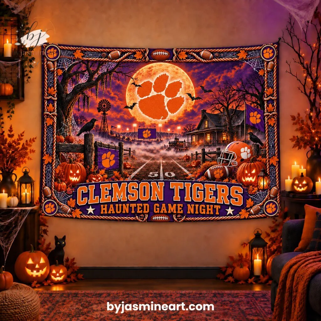 By Jasmine Art Clemson Tigers Haunted Game Night Football Print