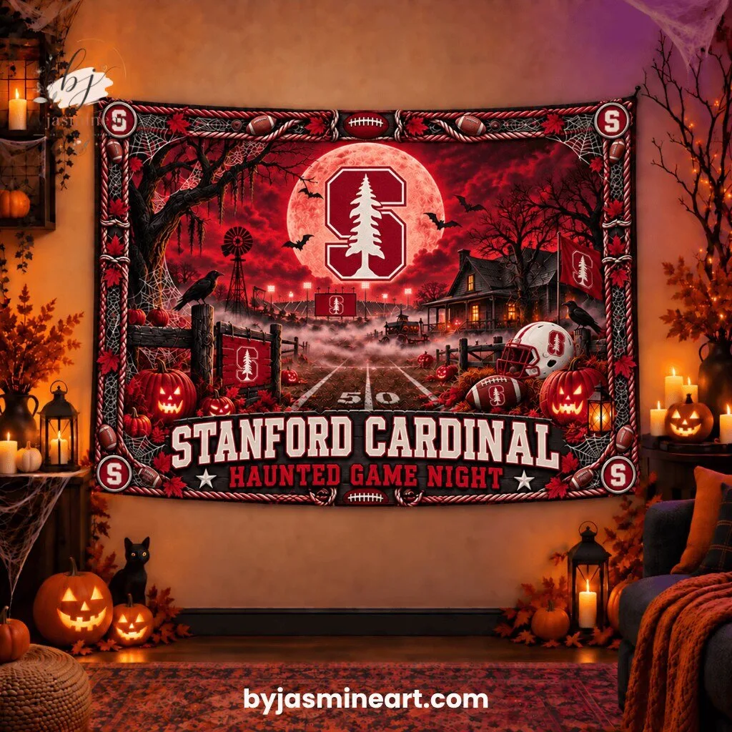 By Jasmine Art Stanford Cardinal Haunted Game Night Football Print