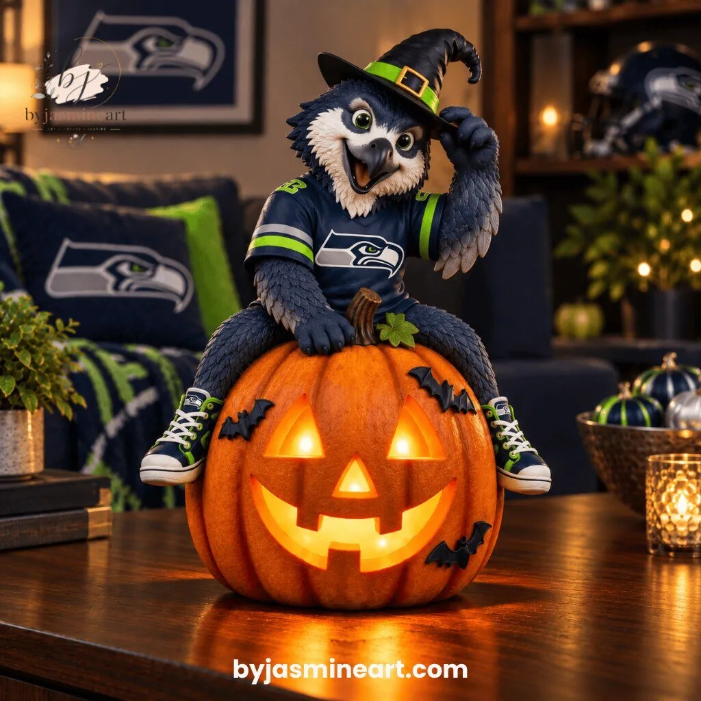 Seattle Seahawks Halloween Witch Mascot Jack-O-Lantern Digital Illustration Print