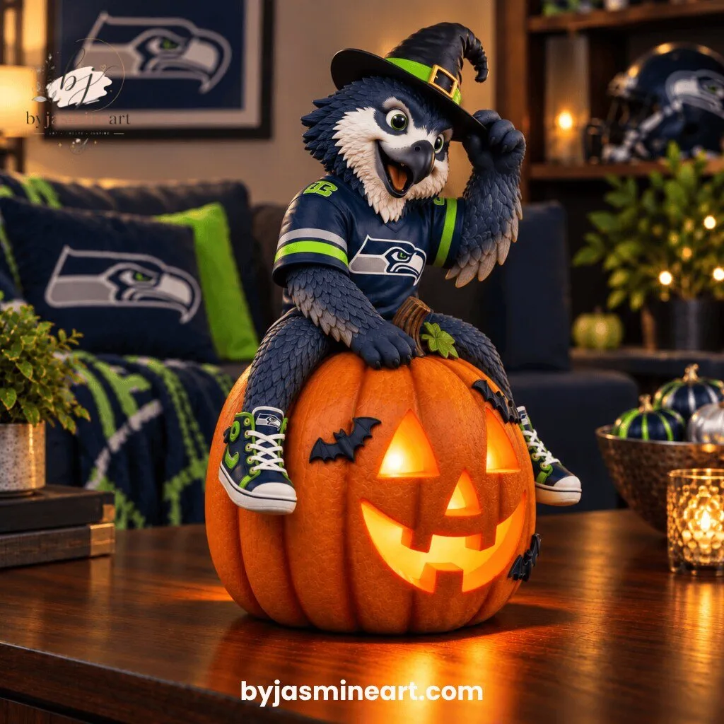 Seattle Seahawks Halloween Witch Mascot Jack-O-Lantern Digital Illustration Print