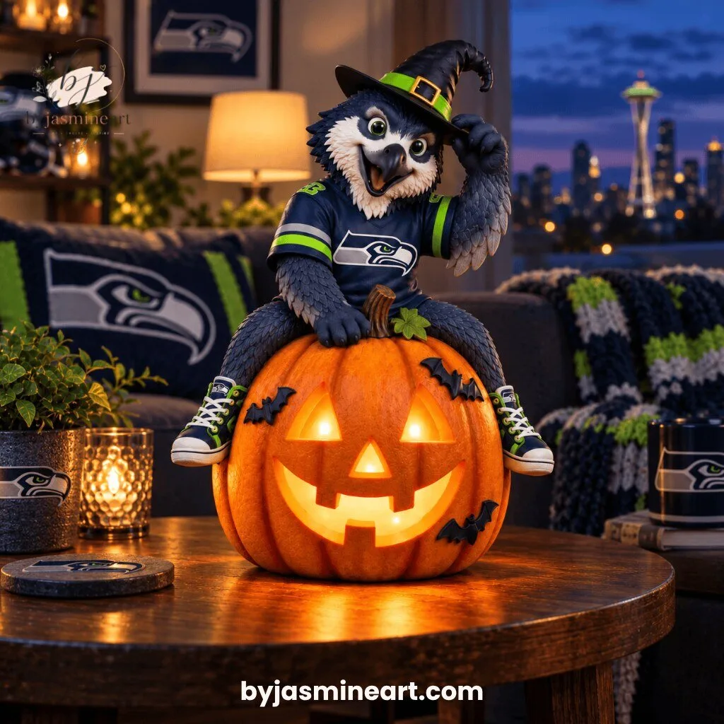 Seattle Seahawks Halloween Witch Mascot Jack-O-Lantern Digital Illustration Print 9 Seattle Seahawks hawk mascot in navy jersey with neon green stripes and witch hat sitting on glowing jack-o-lantern Halloween digital art
