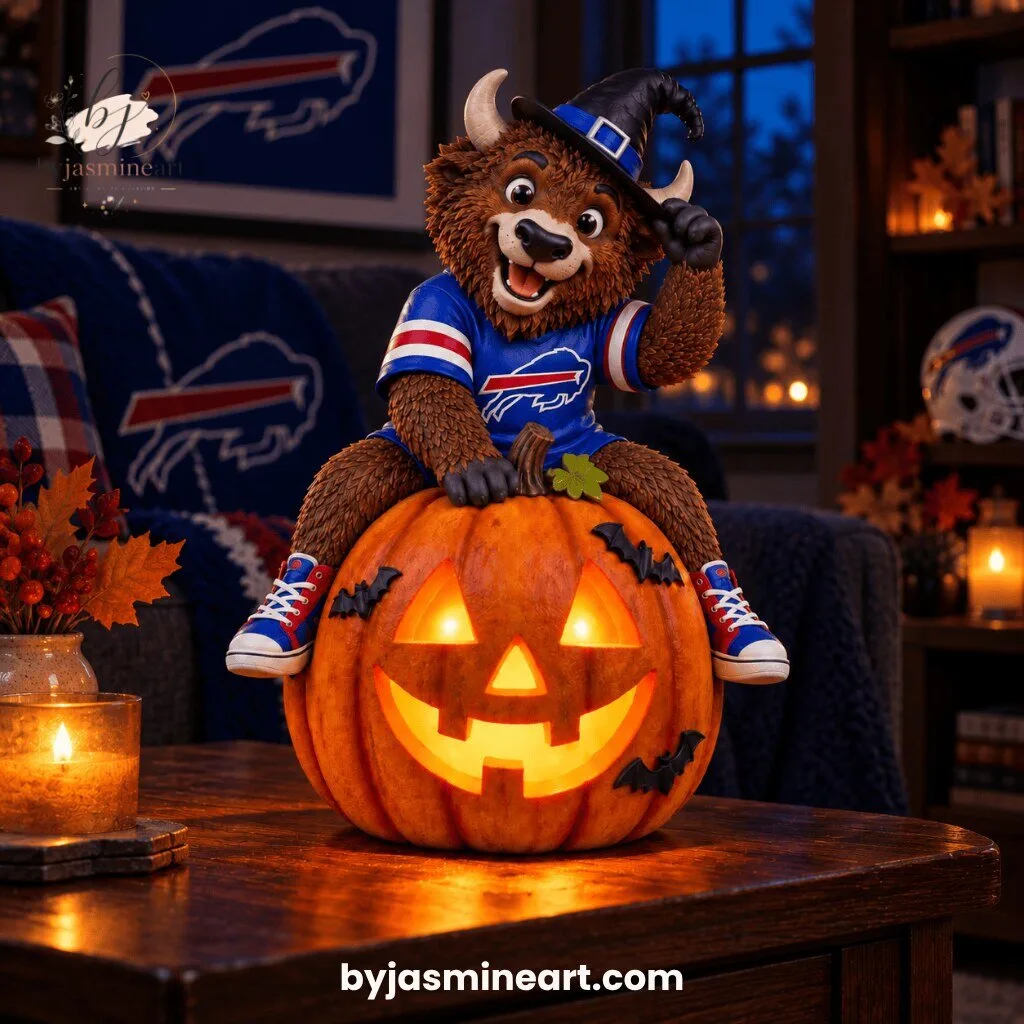 Buffalo Bills Halloween Witch Mascot Jack-O-Lantern Digital Illustration Print 9 Buffalo Bills mascot with horns in blue and red jersey wearing witch hat sitting on glowing jack-o-lantern pumpkin Halloween digital art