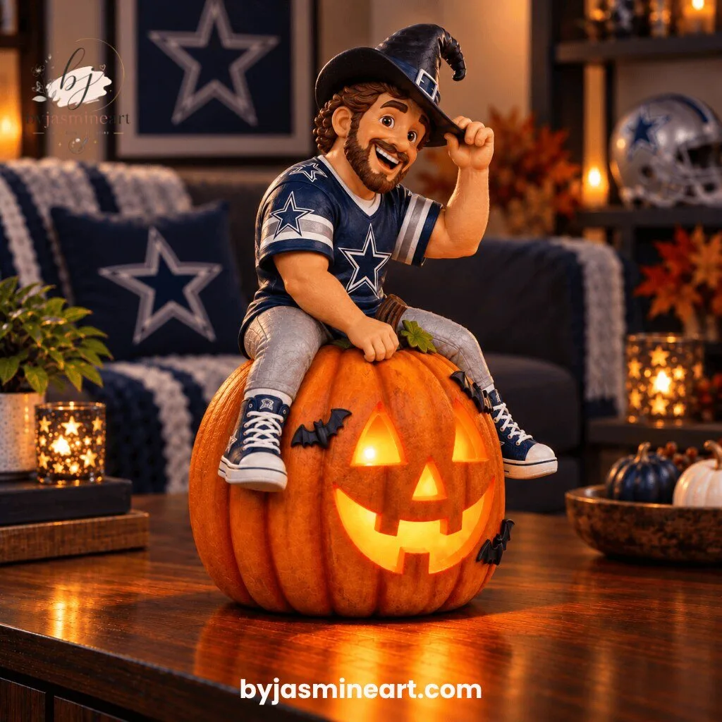 Dallas Cowboys Halloween Witch Cowboy Jack-O-Lantern Digital Illustration Print 9 Dallas Cowboys fan cowboy character in navy star jersey and witch hat sitting on glowing jack-o-lantern pumpkin Halloween digital art