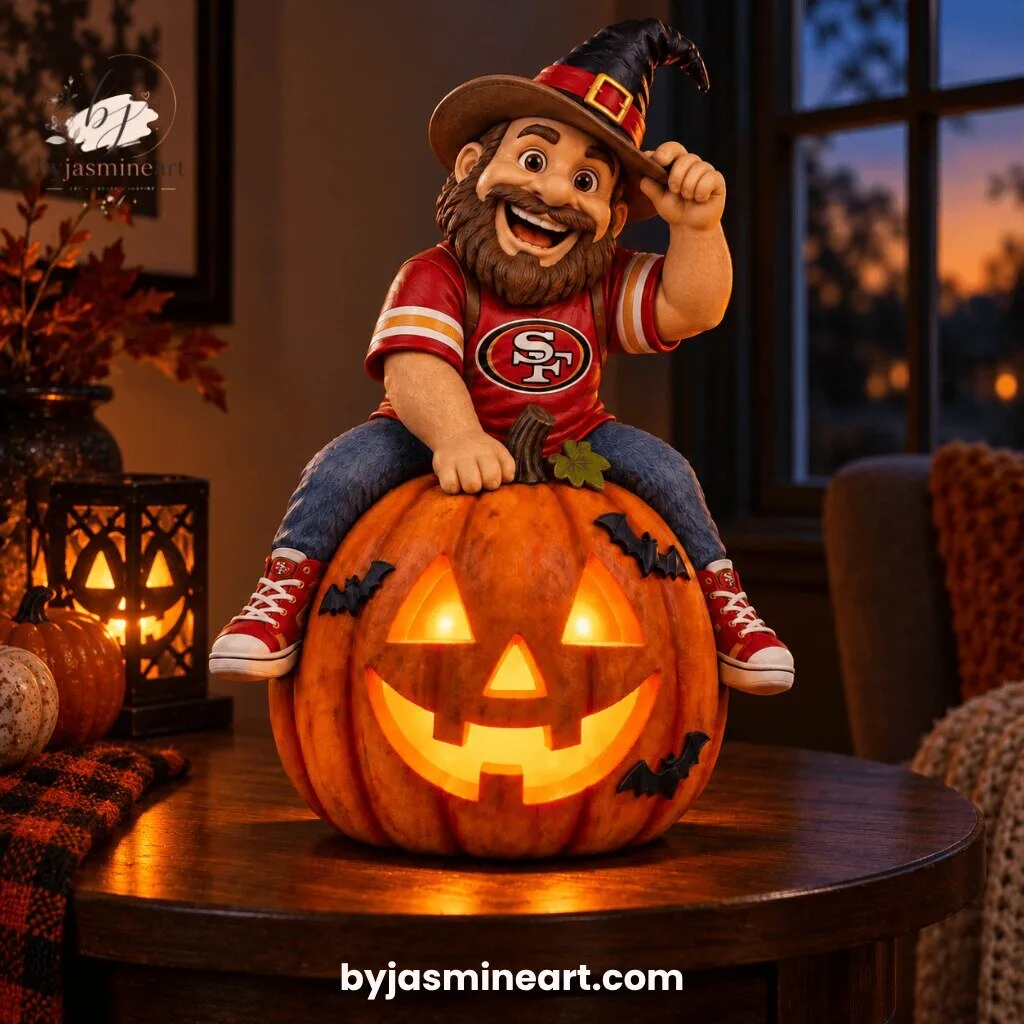 49ers Gnome Halloween Jack-O-Lantern LED Decorative Figure 9 49ers gnome Halloween decoration sitting on glowing jack-o-lantern pumpkin with witch hat and LED lights