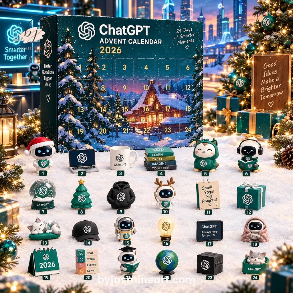ChatGPT Advent Calendar 2026 with 24 AI-Inspired Collectible Gifts 8 ChatGPT advent calendar 2026 teal box with 24 collectible miniature gifts on snowy holiday backdrop
