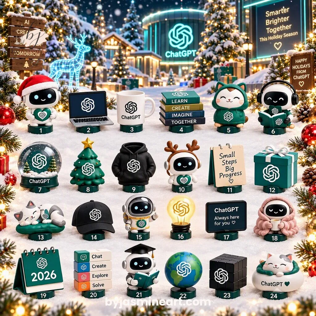 ChatGPT Advent Calendar 2026 with 24 AI-Inspired Collectible Gifts 9 ChatGPT advent calendar 2026 teal box with 24 collectible miniature gifts on snowy holiday backdrop