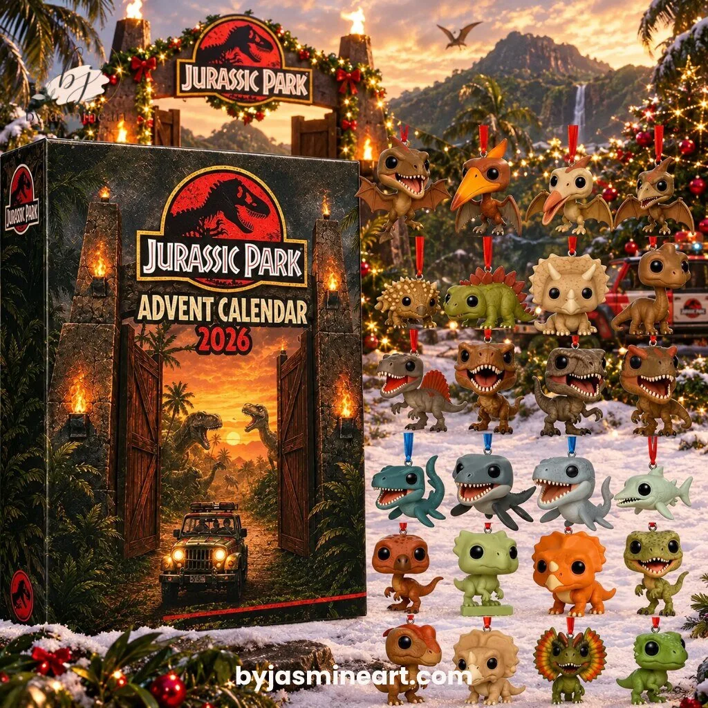 Jurassic Park Advent Calendar 2026 with 24 Dinosaur Collectible Ornaments 7 Jurassic Park advent calendar 2026 black box with iconic T-Rex logo and stone gate design featuring 24 dinosaur miniature ornaments
