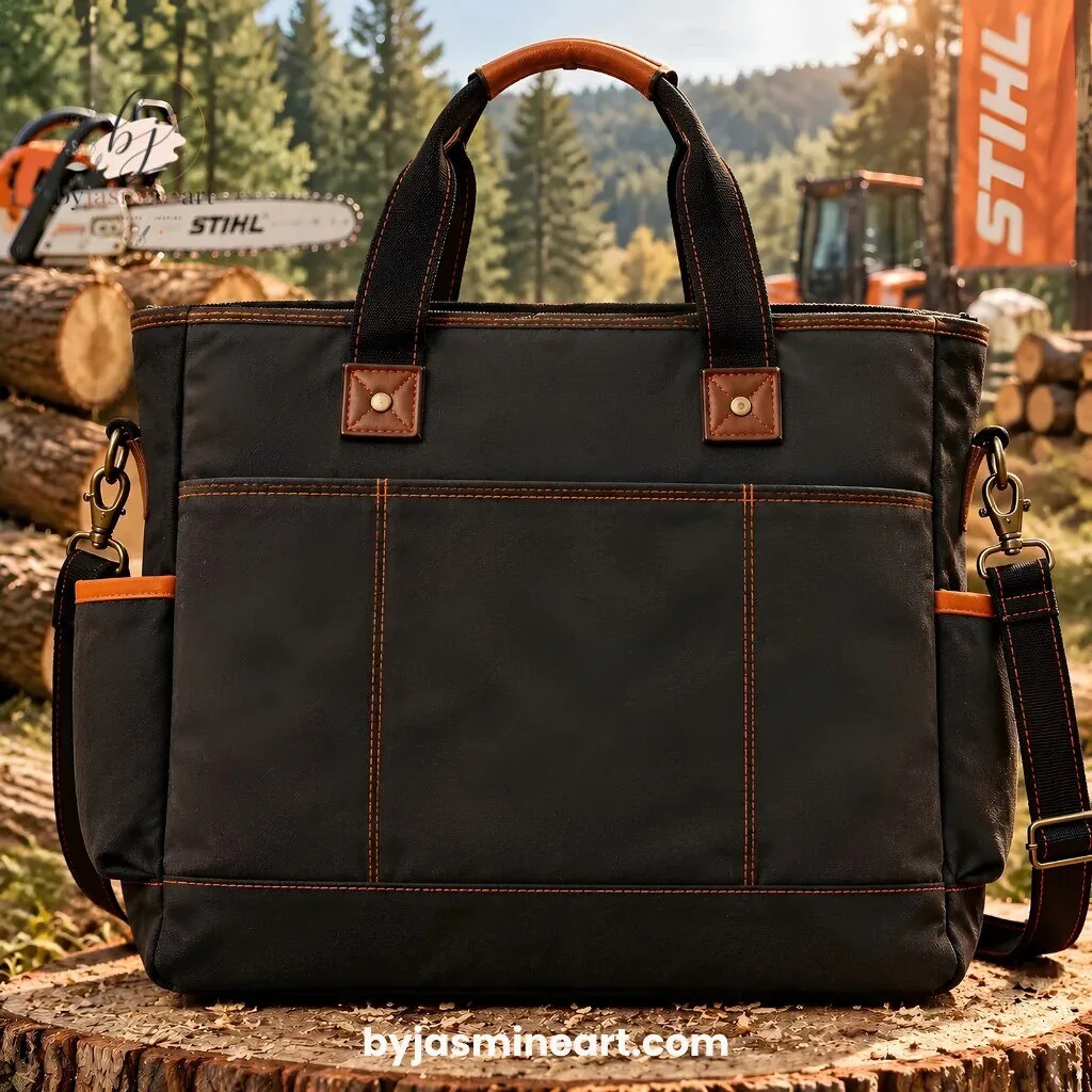 STIHL 100 Years Anniversary Waxed Canvas Tote Bag 1926-2026 Legacy Powers Tomorrow 9 STIHL 100 years anniversary tote bag with orange center panel chainsaw wilderness design black waxed canvas and brown leather trim